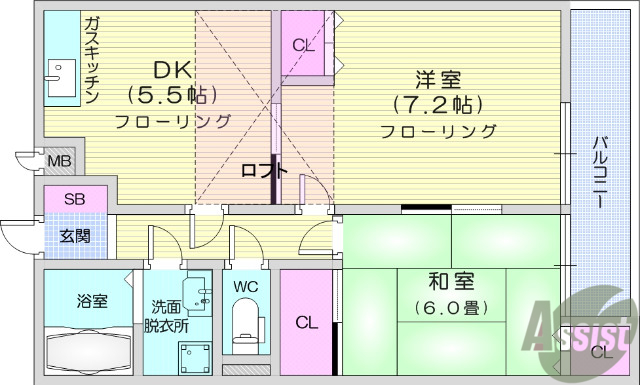 仙台市宮城野区鶴ケ谷東のアパートの間取り