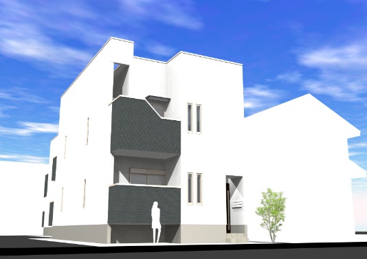 建物外観　白、茶、上品な印象をアップするグレーを組み合わせた意匠の建物