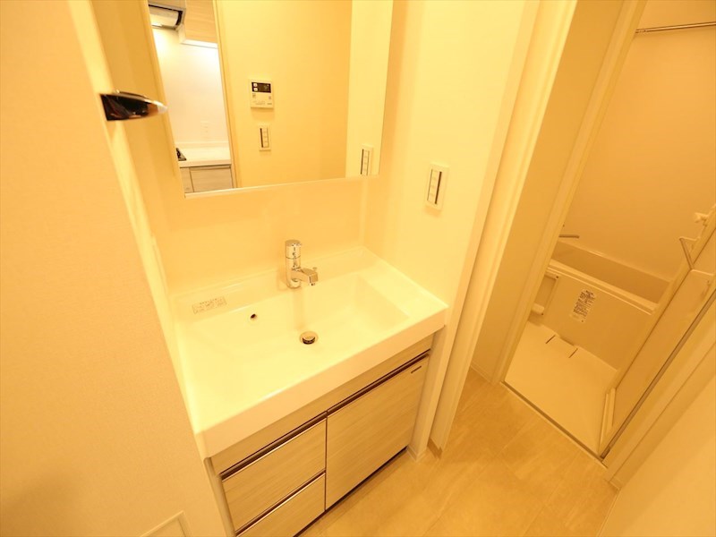 洗面設備　脱衣所　独立洗面台（シャンプードレッサー付）収納スペース有