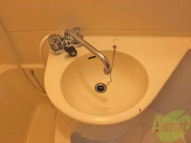 洗面設備　洗面台はバスタブのとなりに、歯磨き洗顔などはこちらで