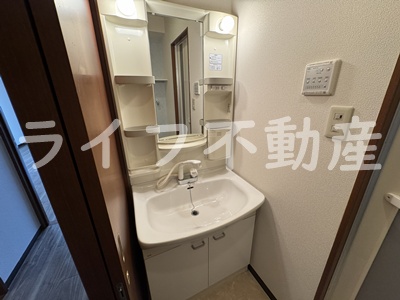 洗面設備　独立洗面台、小物を置くことができて便利です