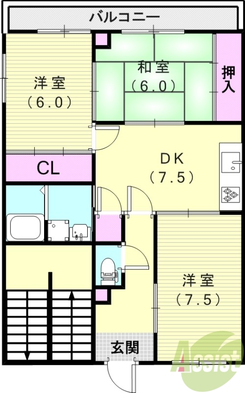 神戸市兵庫区永沢町のマンションの間取り