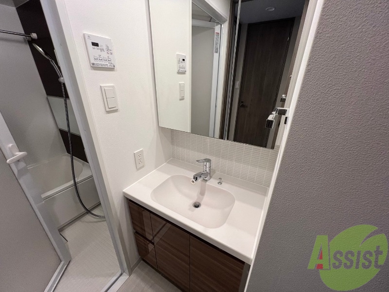 洗面設備　洗面は収納もあり鏡も大きいので身支度に便利です