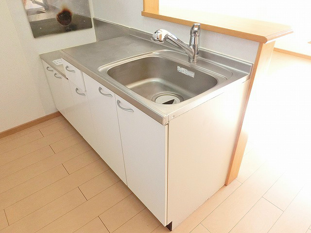 キッチン　使い安いシングルレバー。カウンタータイプだから上段に収納もあ