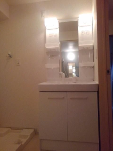 洗面設備　シャワー付き洗面台、室内洗濯機置き場