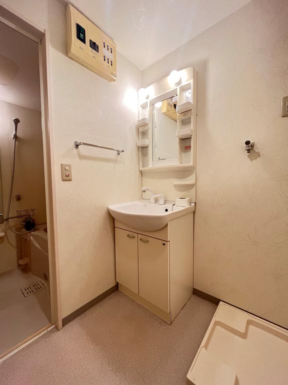 洗面設備　シャワー付きの洗面化粧台です。洗濯用防水パンもあります