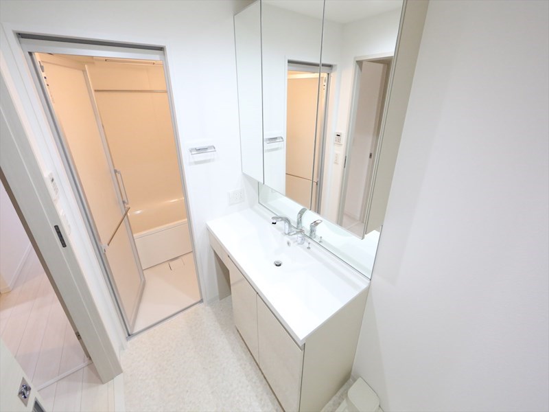 洗面設備　脱衣所　独立洗面台（シャンプードレッサー付）収納スペース有