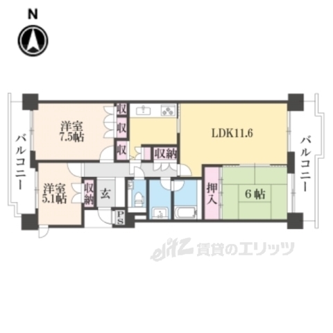 京都市左京区上高野西氷室町のマンションの間取り