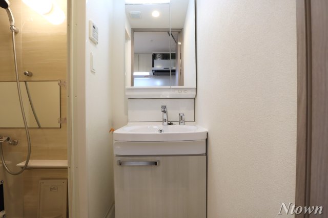 洗面設備　独立洗面台、小物を置くことができて便利です