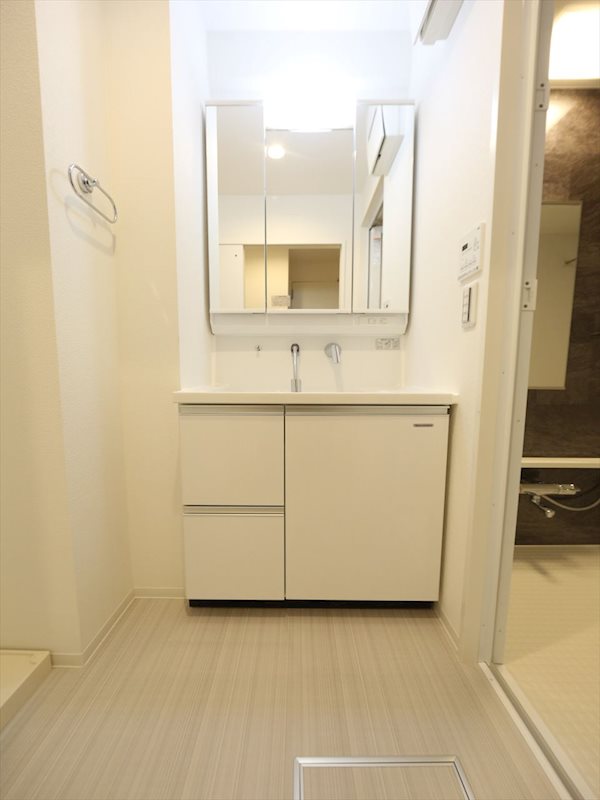 洗面設備　脱衣所　独立洗面台（シャンプードレッサー付）収納スペース有