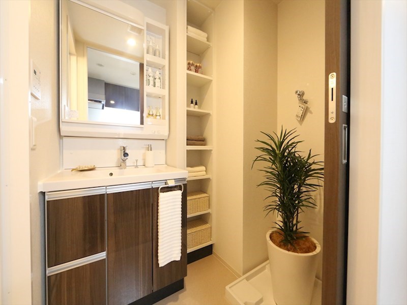 洗面設備　脱衣所　独立洗面台（シャンプードレッサー付）収納スペース有