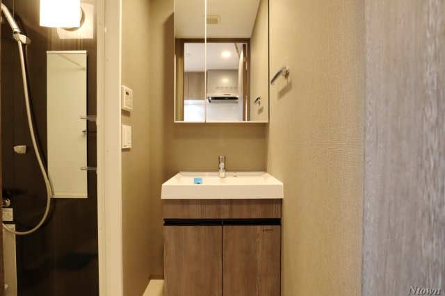 洗面設備　独立洗面台、小物を置くことができて便利です