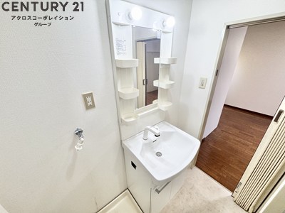 洗面設備　アメニティ収納棚ありの独立洗面台です