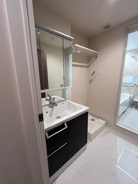 洗面設備　シャワー水栓、三面鏡♪