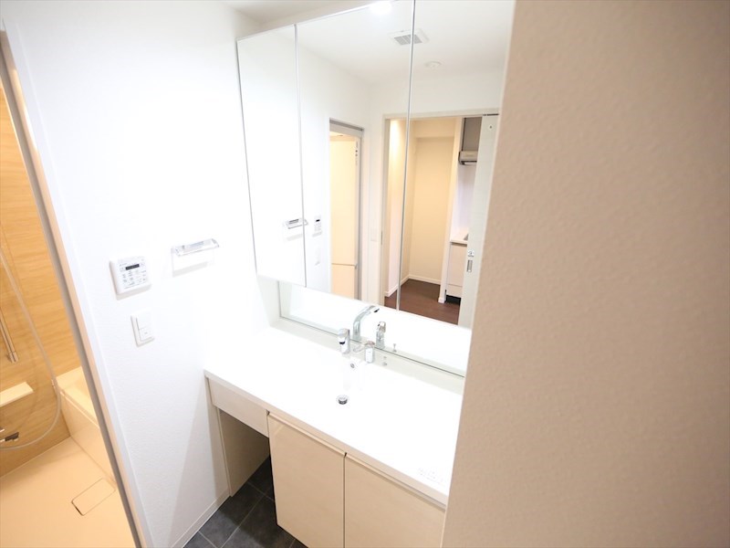 洗面設備　脱衣所　独立洗面台（シャンプードレッサー付）収納スペース有