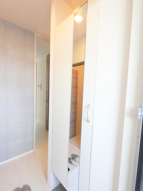 玄関　広めのＢｏｘは収納力ばっちり。トールタイプのミラーついてます