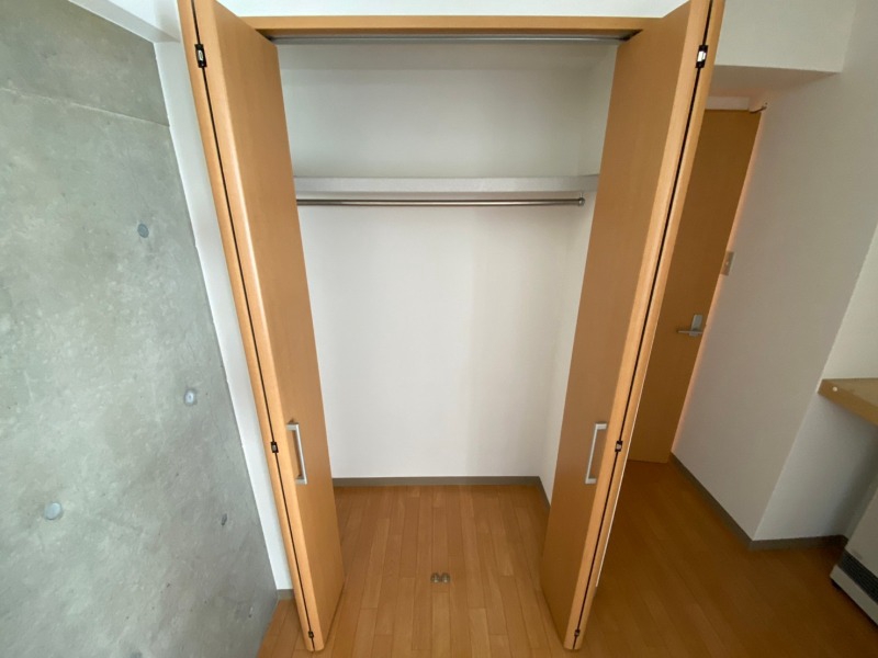収納　こちらの収納にはハンガーをかけて服もしまえますね。