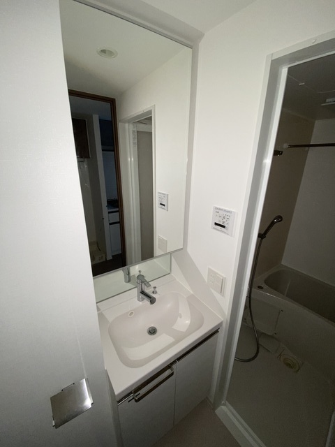 洗面設備　大きい鏡と大き目の洗い場は嬉しいポイント。