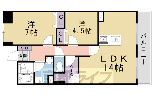 京都市山科区東野片下リ町のマンションの間取り