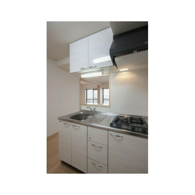 キッチン　2口コンロのシステムキッチン、手元照明・吊戸棚・水切りプレー