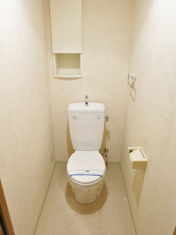 トイレ　トイレは余裕のある広さでタオル掛け、収納棚が設置してあります