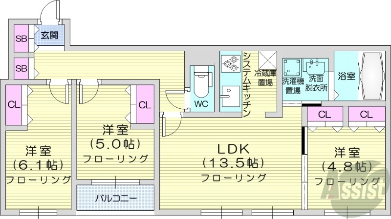 札幌市中央区南十六条西のマンションの間取り