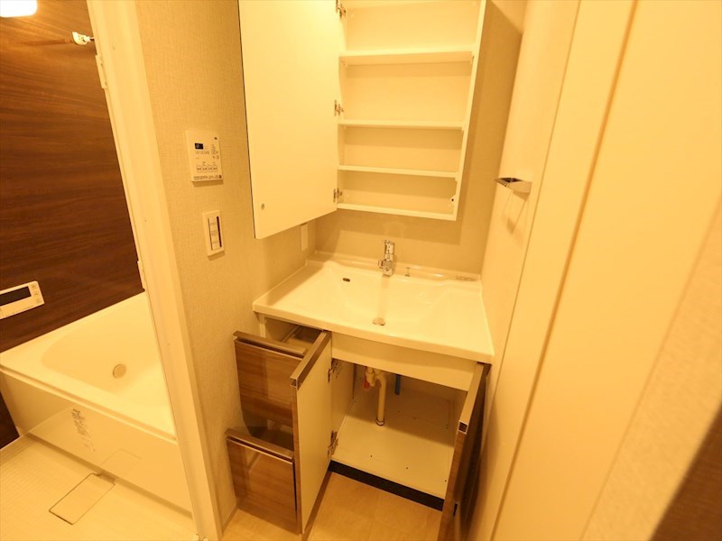 洗面設備　脱衣所　独立洗面台（シャンプードレッサー付）収納スペース有