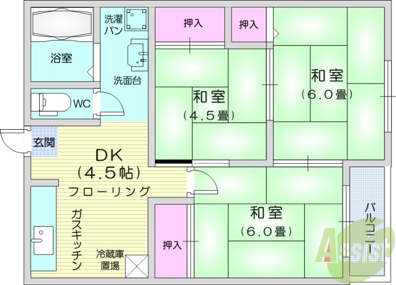 仙台市若林区沖野のアパートの間取り