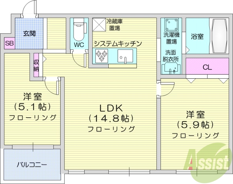 【札幌市西区八軒八条東のマンションの間取り】