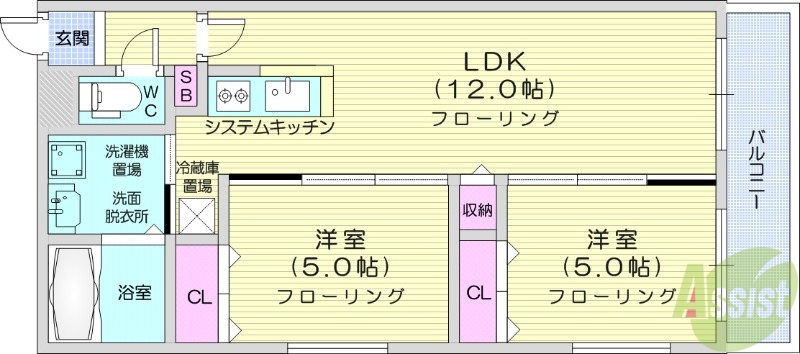 札幌市西区八軒七条東のマンションの間取り