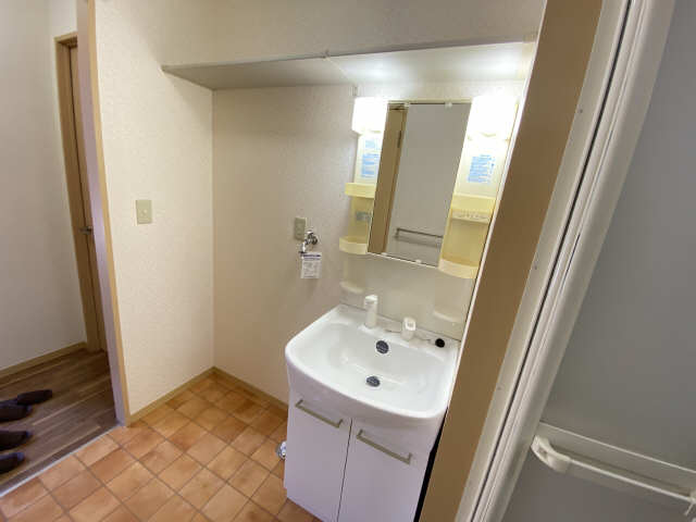 洗面設備　シャワー式水栓採用でお掃除楽々です