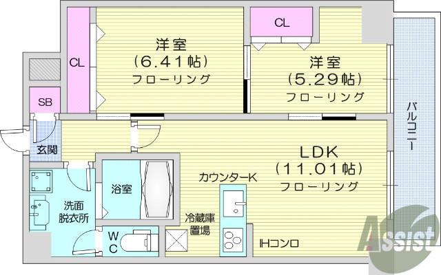 仙台市宮城野区小田原山本丁のマンションの間取り