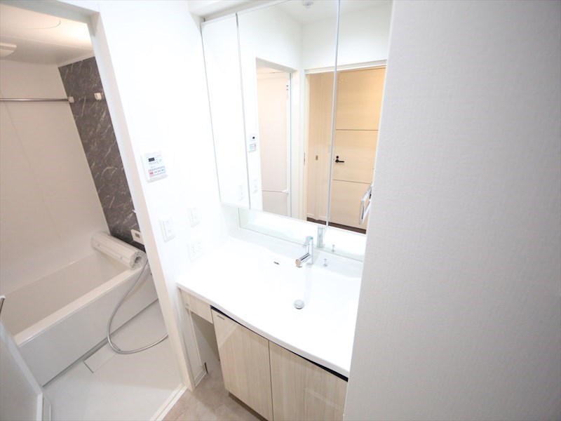 洗面設備　脱衣所　独立洗面台（シャンプードレッサー付）収納スペース有