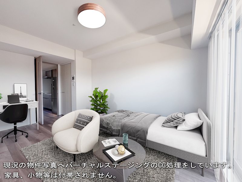 居室・リビング　現況の物件写真へバーチャルステージングのCG処理をしています