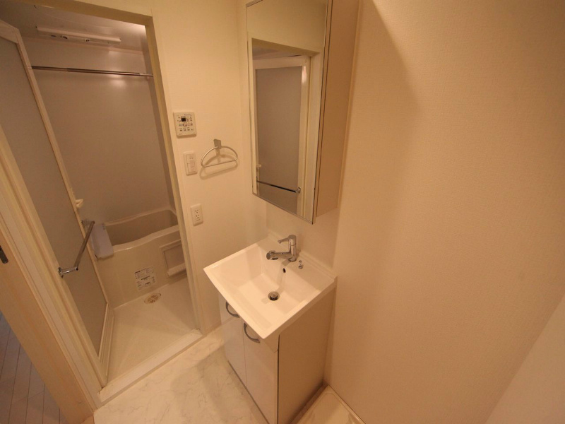 洗面設備　洗面脱衣所　シャワー付洗面台（収納棚付鏡）