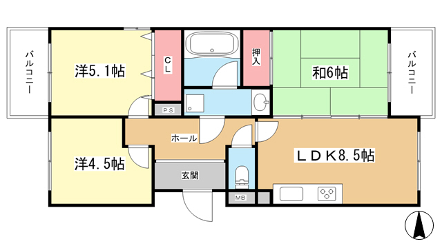 豊中市利倉東のマンションの間取り