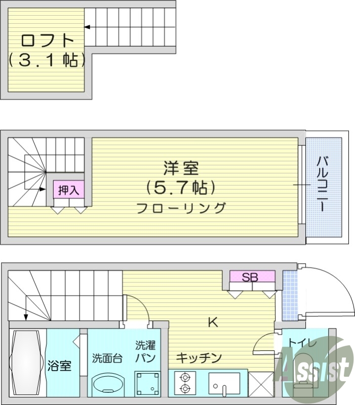 仙台市青葉区旭ケ丘のアパートの間取り