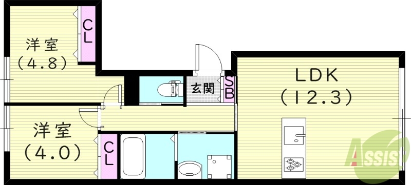 西宮市松山町のアパートの間取り