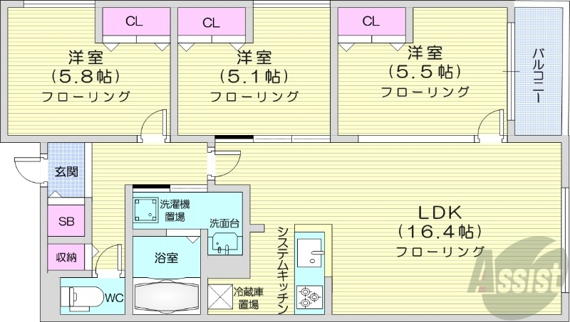 【札幌市中央区南十六条西のマンションの間取り】