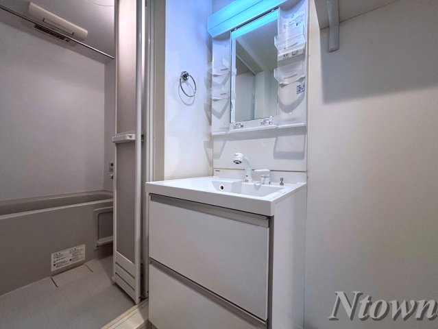 洗面設備　独立洗面台、小物を置くことができて便利です