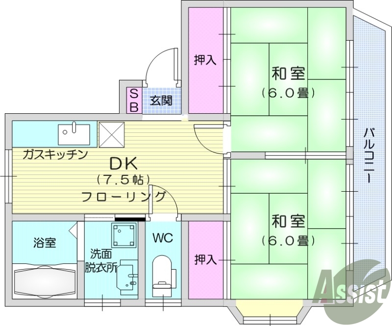 仙台市若林区若林のアパートの間取り