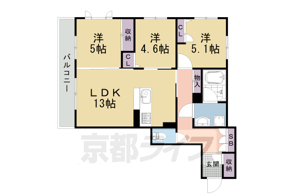 京都市右京区西京極郡醍醐田町のマンションの間取り