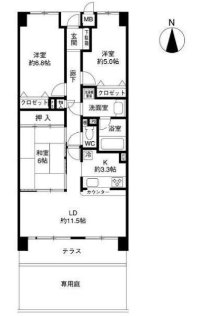 西宮市奥畑のマンションの間取り