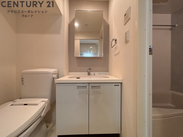 洗面設備　洗面所内にトイレあり。収納があって便利な洗面台です♪