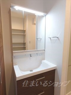 洗面設備　三面鏡付きシャンプードレッサー・収納棚あり