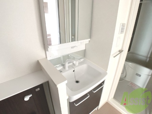 洗面設備　シャワーノズル付きの洗面台は、きれいで広くて使い易いです。