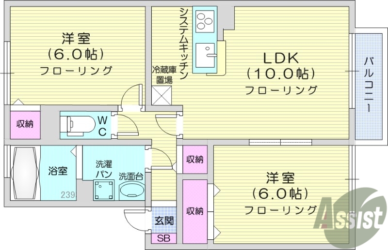 仙台市若林区沖野のアパートの間取り