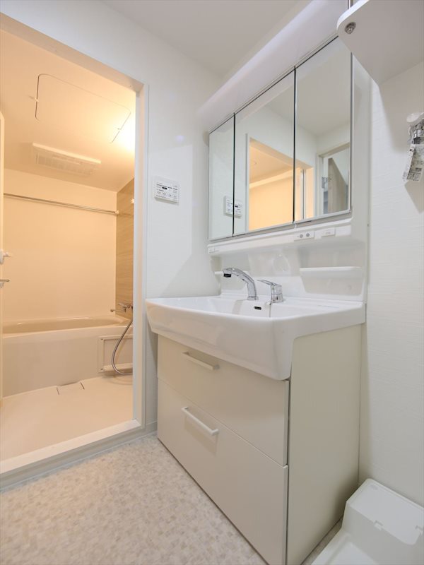 洗面設備　脱衣所　独立洗面台（シャンプードレッサー付）収納スペース有