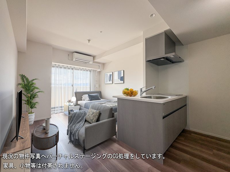 キッチン　現況の物件写真へバーチャルステージングのCG処理をしています