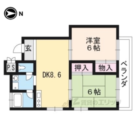 京都市右京区嵯峨広沢南野町のマンションの間取り